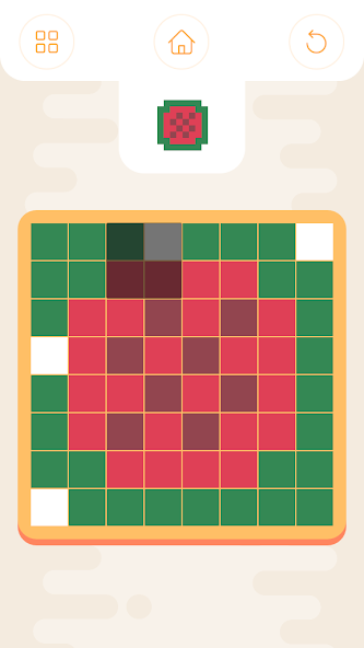 Pixel Spin watermelon picture being solved on a grid of colored pixels