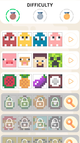 Pixel Spin puzzle gallery with pixel-art animals and fruit